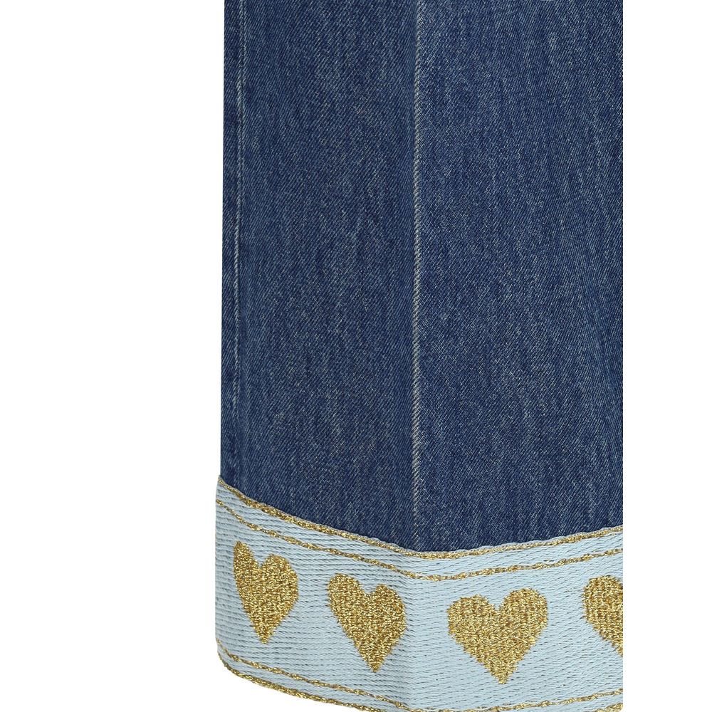 Close-up of Valentino Blue Cotton Straight-Leg Jeans with heart pattern on fabric edges.
