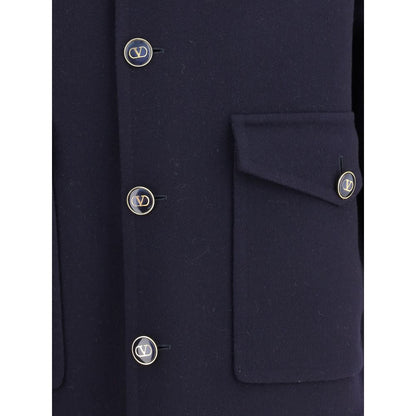 Valentino Blue Fleece Wool Coat with flap pockets and button details, showcasing elegant design and craftsmanship.