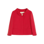 Valentino Crepe Couture Jacket in red wool and silk with front button fastening, pointed flat collar, and jetted pockets.