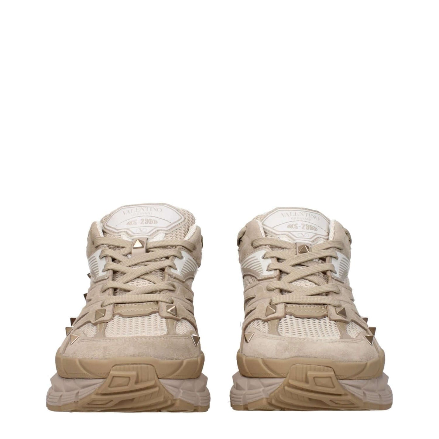 Valentino Garavani Beige Fabric Low Top Sneakers with front and back logos, studs, and lace-up closure, rubber sole, round toe.