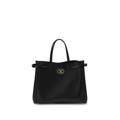 Valentino Garavani Black Calf Leather Bos Taurus Handbag with metallic logo and elegant design
