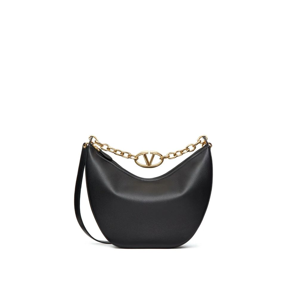 Valentino Garavani Black Calfskin Shoulder Bag with gold-tone vlogo detail and removable strap, made of textured leather, for women.