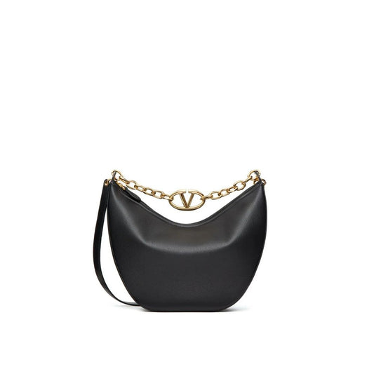 Valentino Garavani Black Calfskin Shoulder Bag with gold-tone vlogo detail and removable strap, made of textured leather, for women.