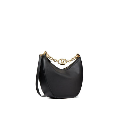 Valentino Garavani Black Calfskin Shoulder Bag with gold-tone V-logo, leather lining, and removable strap, made in Italy.