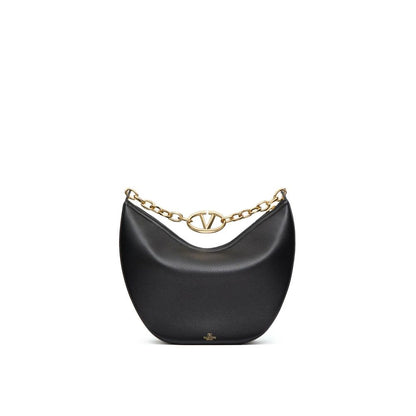 Valentino Garavani Black Calfskin Shoulder Bag with gold-tone Vlogo, removable strap, and chain handle, made in Italy.