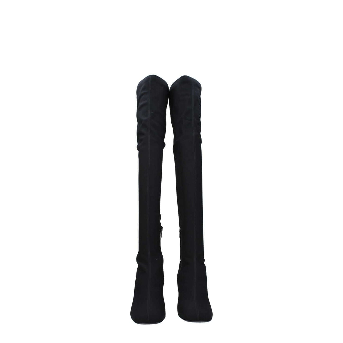 Valentino Garavani Black Fabric Over The Knee boots with zip closure, leather sole, mid heels, square toe, and side logo.