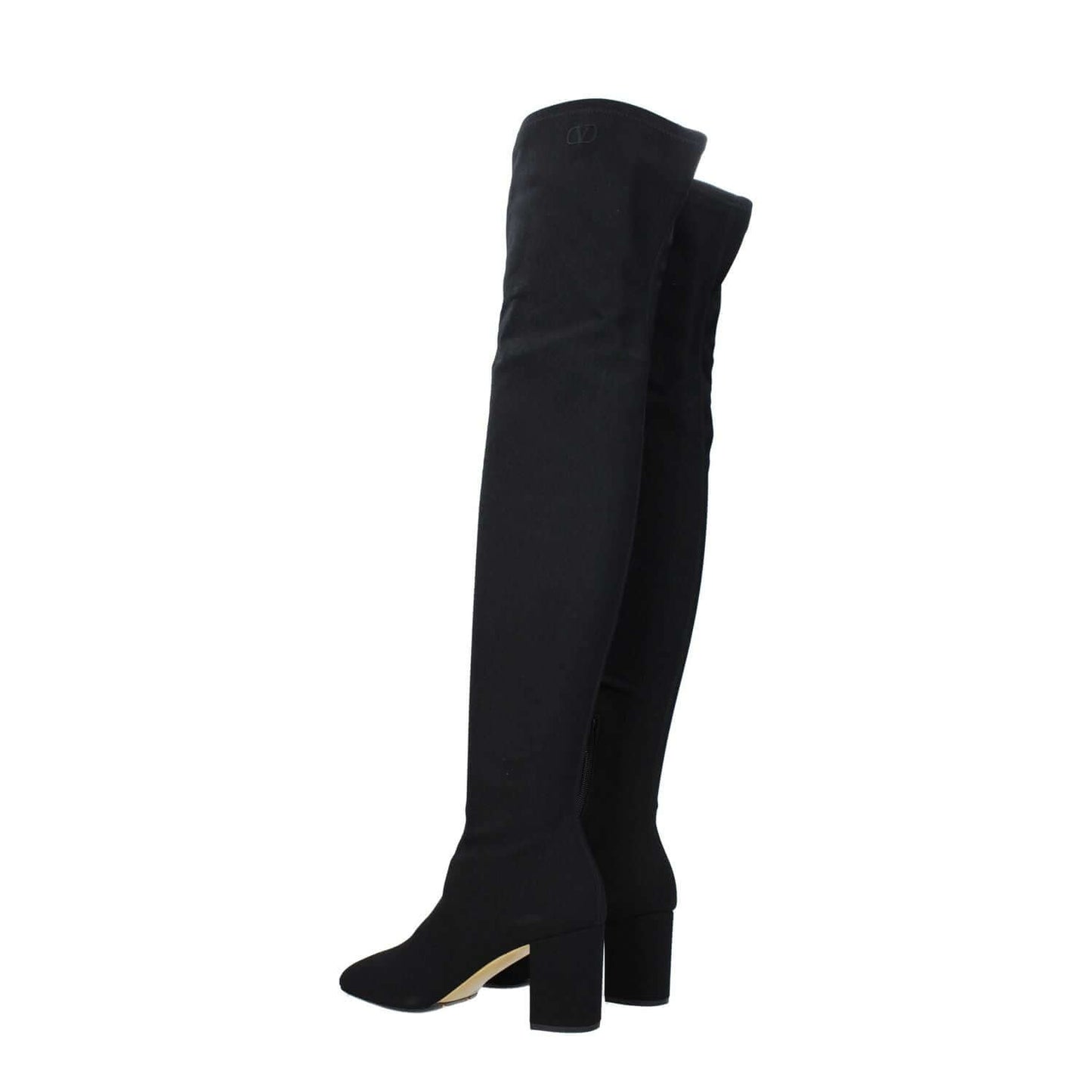 Valentino Garavani Black Fabric Over The Knee boots with square toe and mid heels, featuring leather sole and side logo.