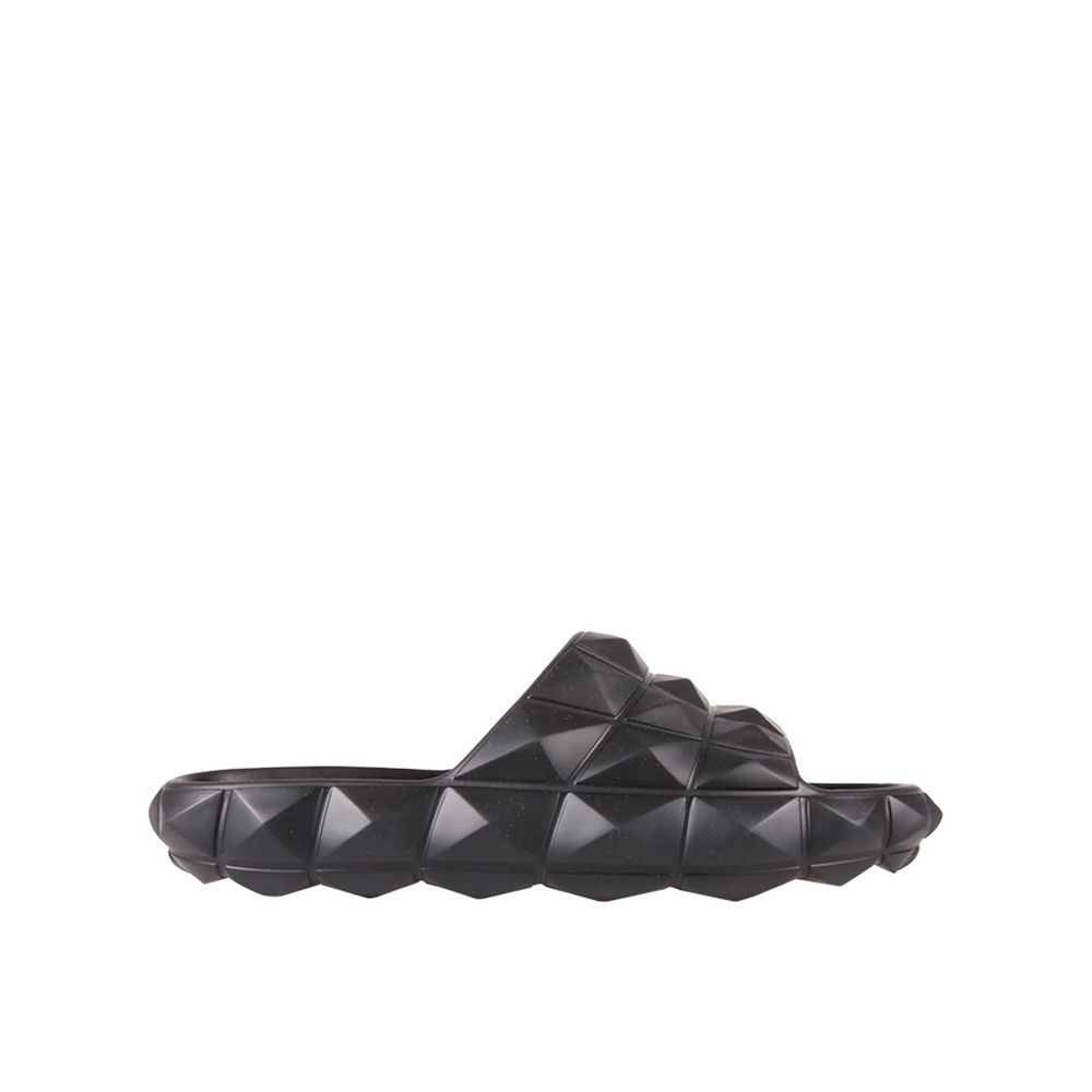 Valentino Garavani Black Rubber Slippers with all-over studs, open toe design. Made in Italy. Perfect for men.