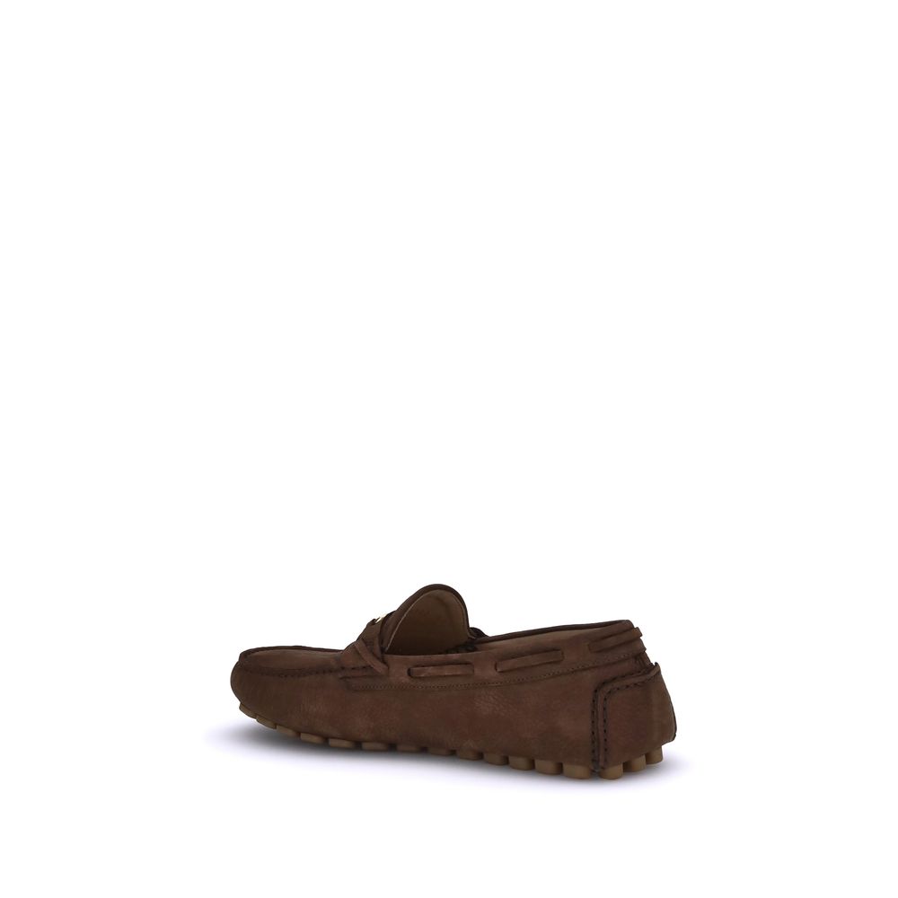 Valentino Garavani Brown Rubber Slip-On Loafers with VLogo plaque and notched sole, rear view