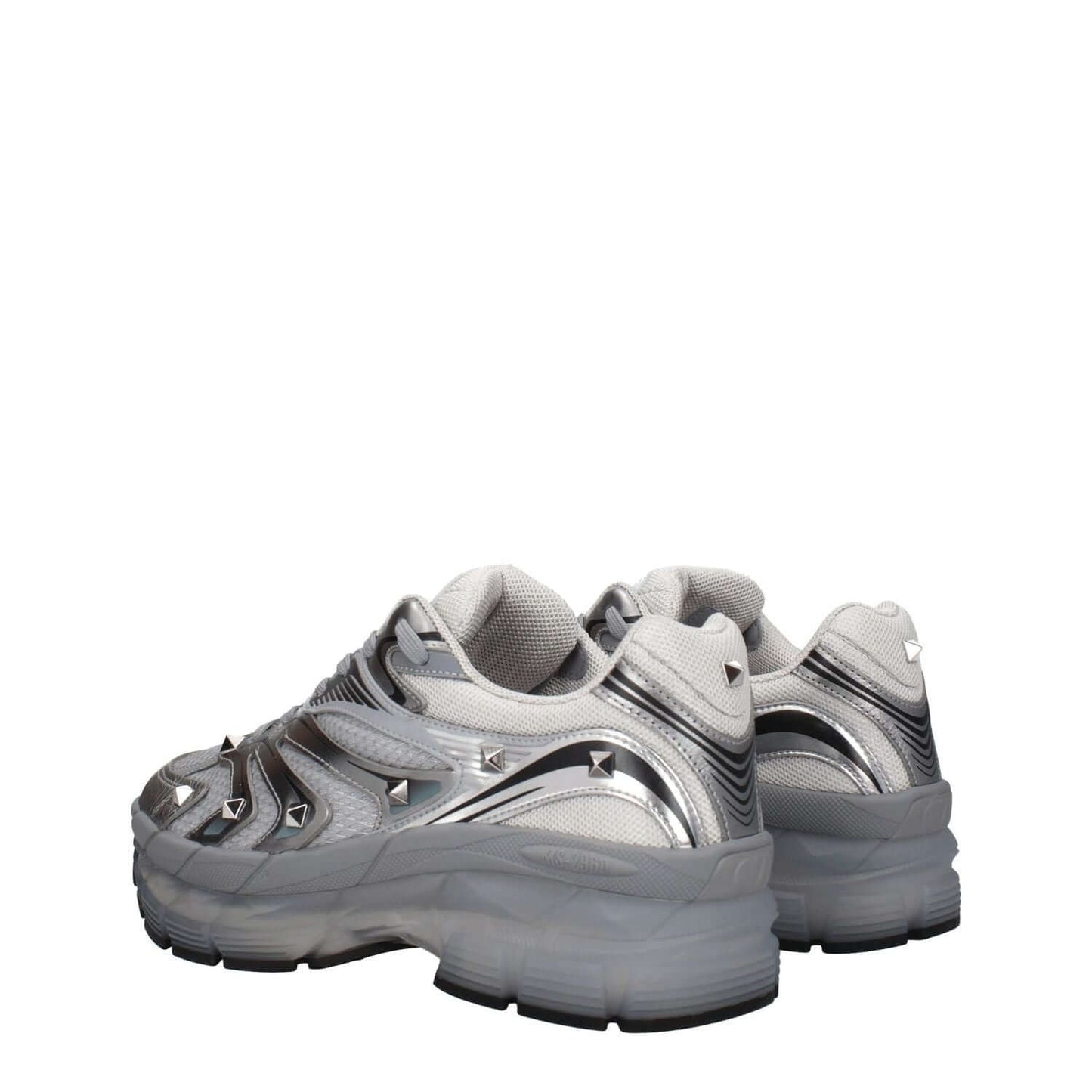 Valentino Garavani Gray Fabric Athletic Sneakers with studs, round toe, mid heels, and lace-up closure in silver fabric.