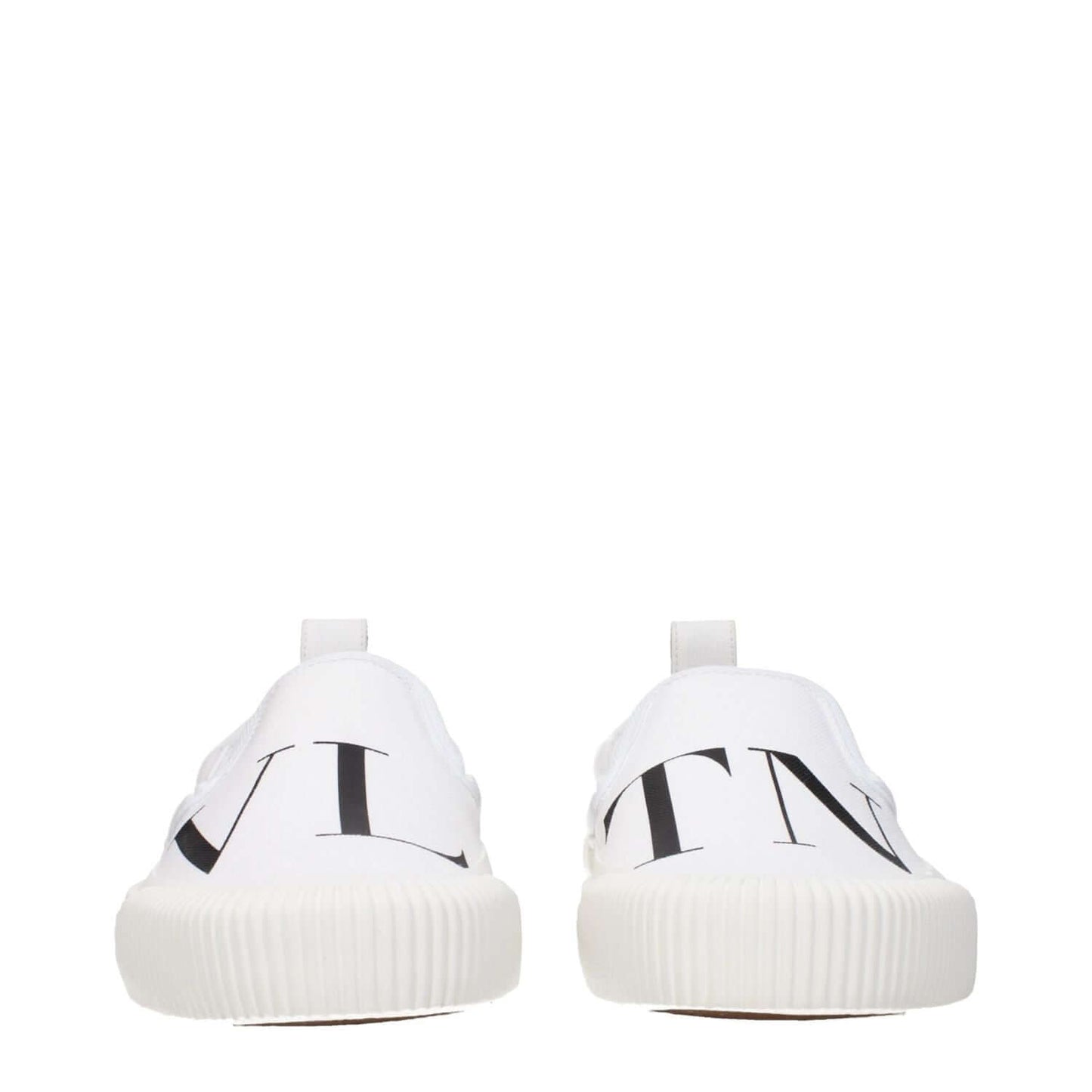 Valentino Garavani White Fabric Slip-On Loafers with front logo, round toe, rubber sole, and flat heel.