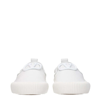 Valentino Garavani White Leather Slip-On Loafers with round toe and rubber sole, featuring front and back logo.