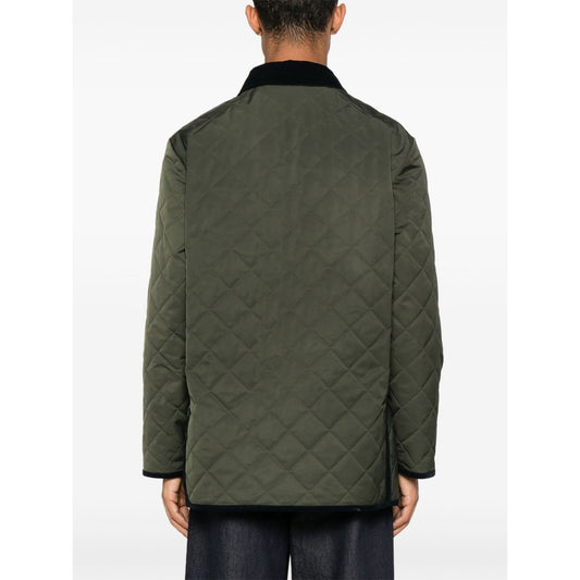 Back view of Valentino Vlogo Signature quilted jacket in olive green with contrasting collar and trim, featuring three front patch pockets.