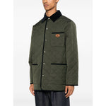 Olive green Valentino Vlogo Signature quilted jacket with contrasting collar and trim, featuring three front patch pockets and press-stud fastening.