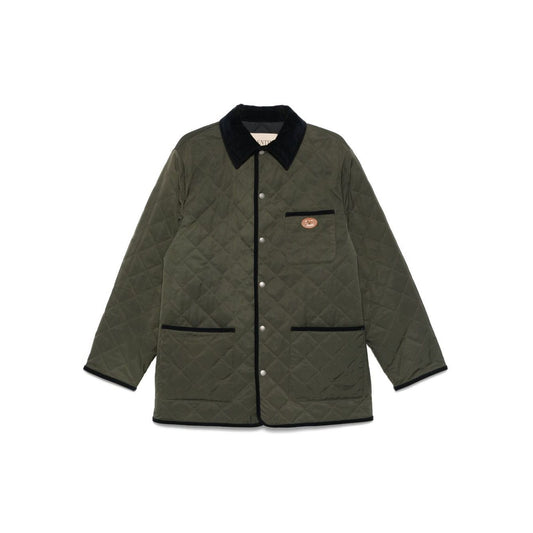 Valentino Vlogo Signature quilted jacket in olive green with contrasting collar and trim, featuring front patch pockets and press-stud fastening.