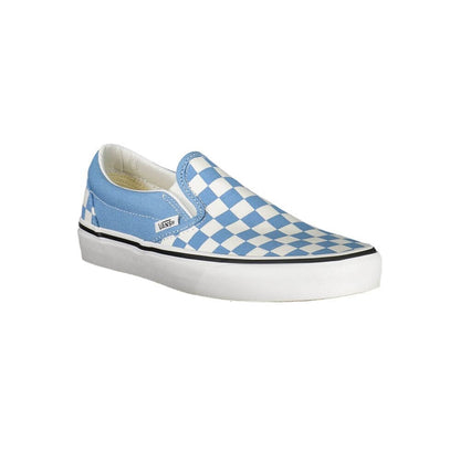 Vans Blue Polyester Sneaker, classic slip-on sports shoe with elastic and checked pattern, featuring contrasting details and logo.
