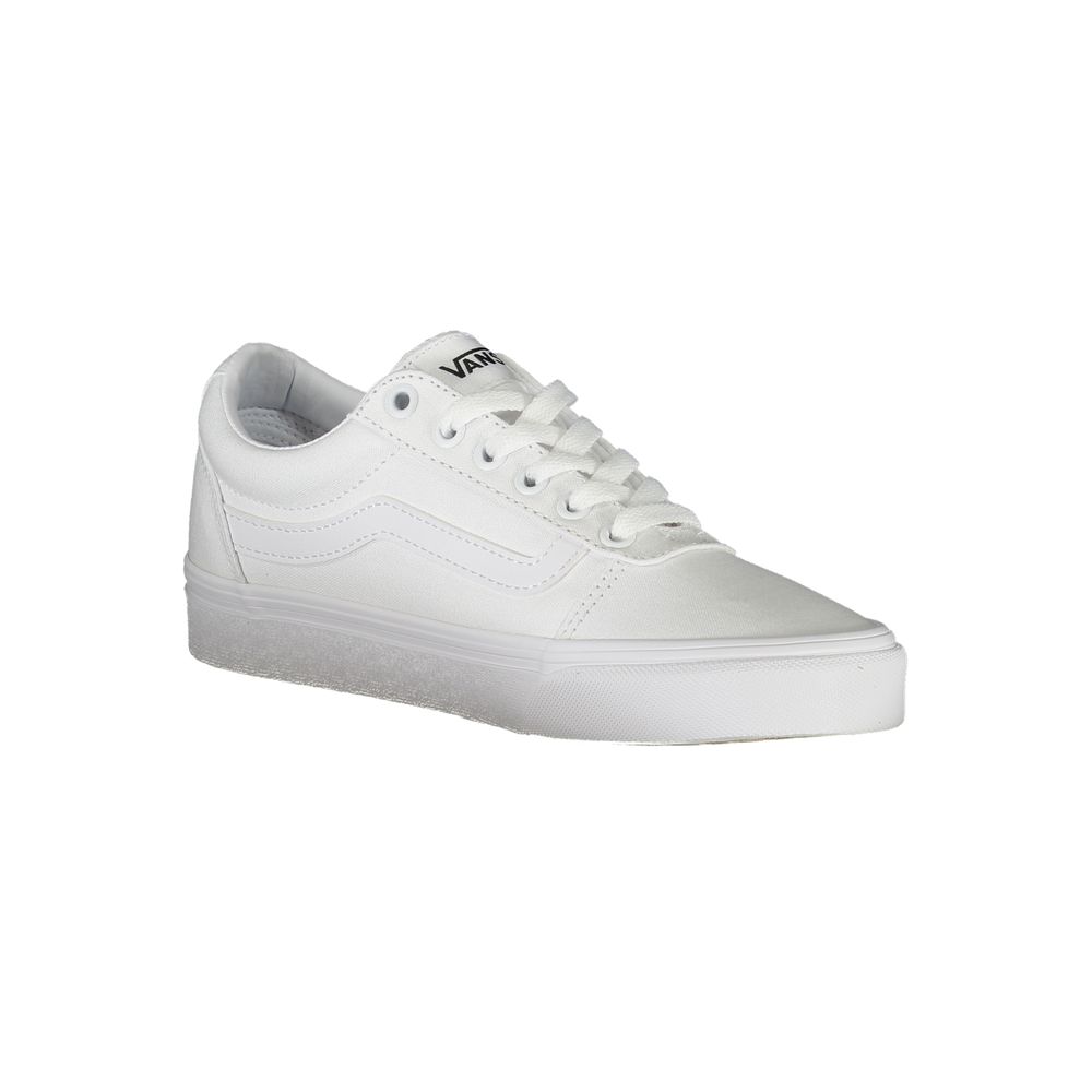 Vans White Polyester Sneaker featuring laces, contrast details, and logo, ideal sports footwear.