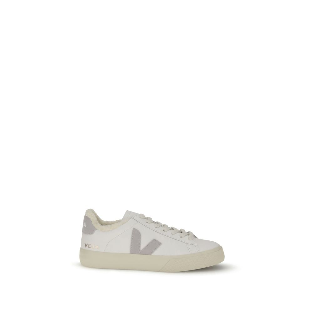 Veja White Calf Leather Bos Taurus Low Top Sneakers with V logo, lace-up closure, round toe, contrasting heel detail, side view.