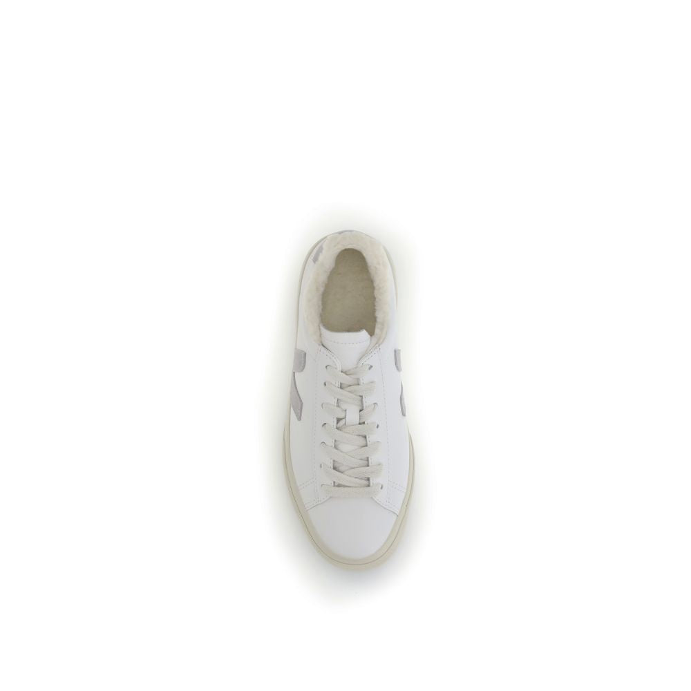 Veja White Calf Leather Bos Taurus Low Top Sneakers with a round toe and black V logo on side, top view of shoe.