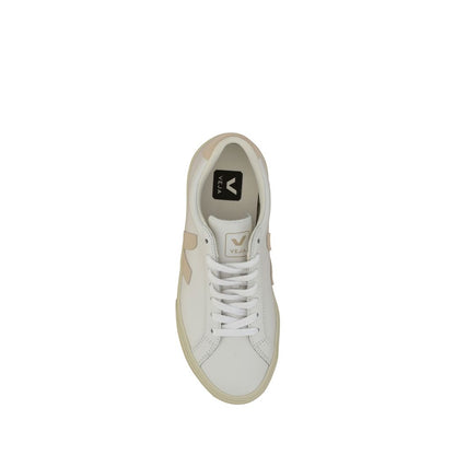 Veja White Calf Leather Bos Taurus Sneakers, top view, featuring embossed logo, lace-up design, rubber sole, AW25 collection.