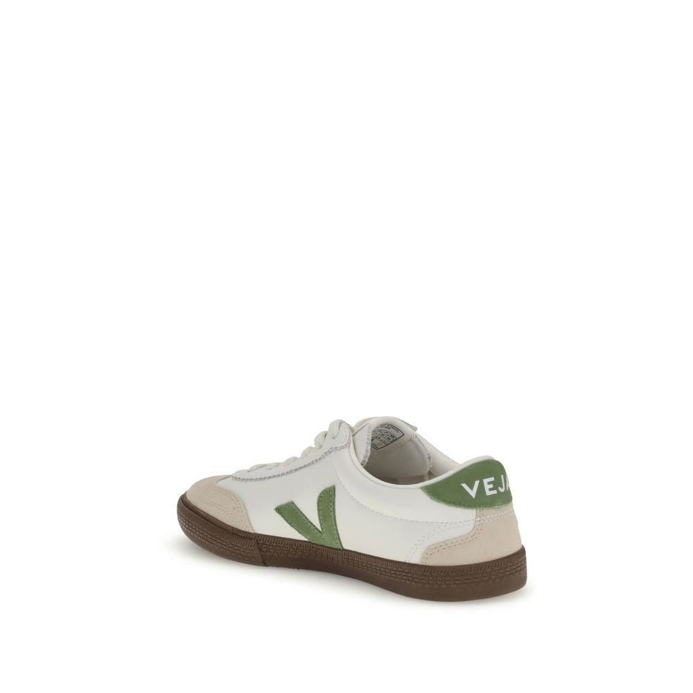 Veja White Leather Low Top Sneakers with green detail, eco-friendly design, inspired by 1970s Brazilian volleyball shoes.