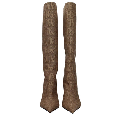 Versace Beige Fabric High Heel Boots with logo design, pointy toe, zip closure, and leather sole. Casual style, 11 cm high heel.