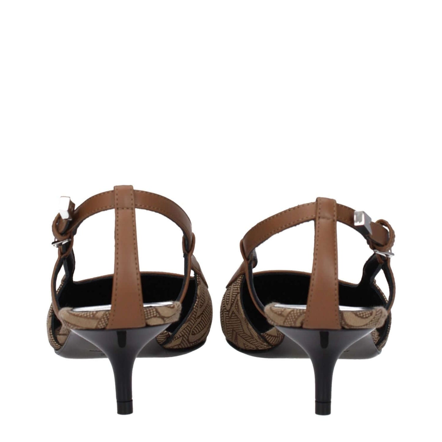 Back view of Versace Beige Fabric Mid Heel Pumps with buckle closure and pointy toe, featuring brown accents and a 7.5 cm mid heel.