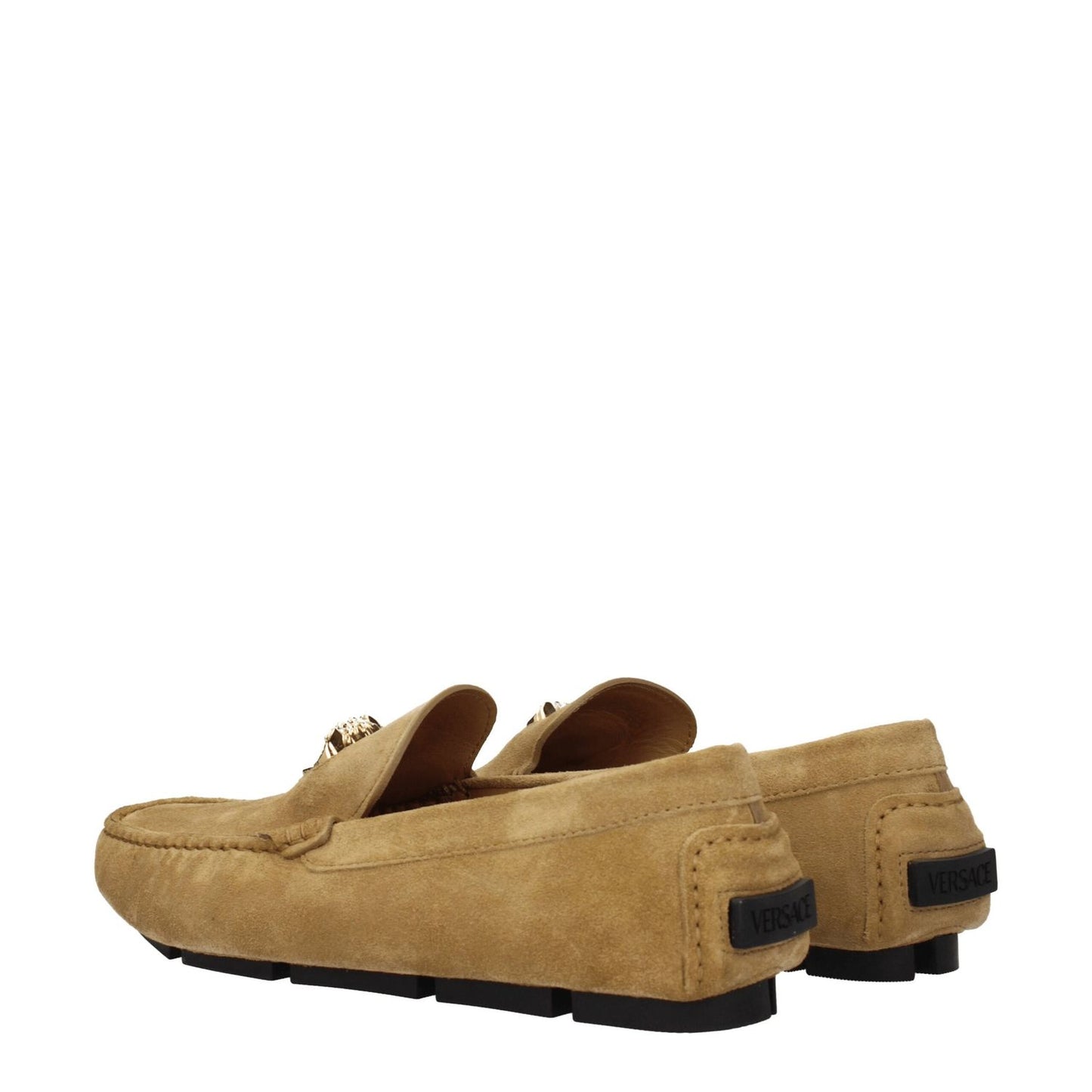 Versace Beige Leather Slip-On Loafers in suede with front logo, low flat heel, round toe, and leather sole, style code F76790 in gold and sand.