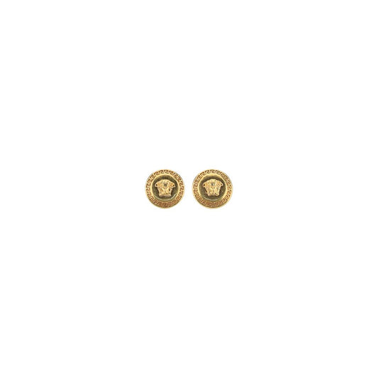 Versace Earrings featuring iconic gold-plated Medusa head design, round shape, AW25 collection, 100% metal, made in Italy.