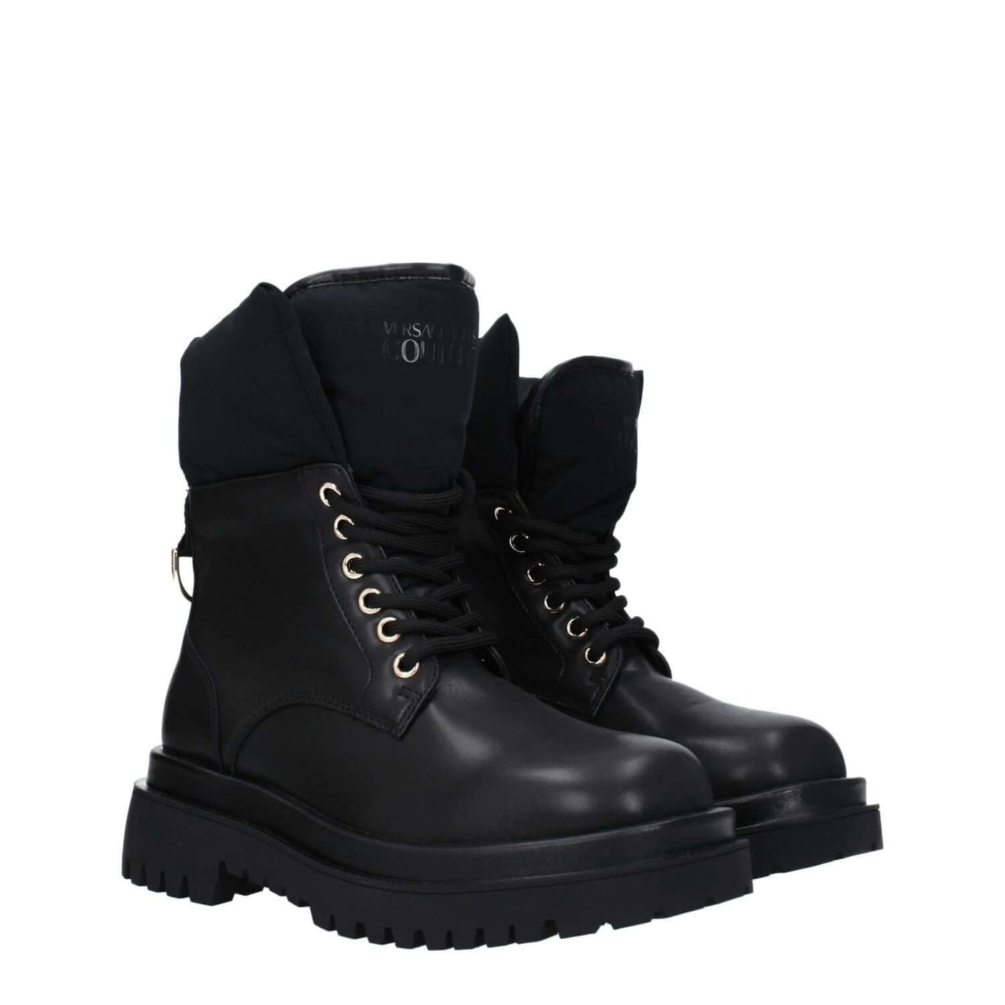 Versace Jeans Black Polyethylene Ankle Boots with front logo, lace-up closure, rubber sole, and mid heels. Style: Casual with round toe.