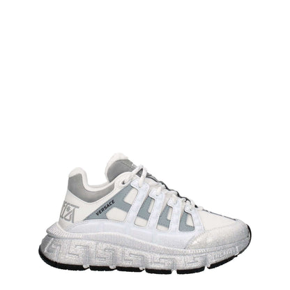 Versace White Fabric Athletic Sneakers with logos and lace-up closure, round toe design, mid heels, and silver accents.
