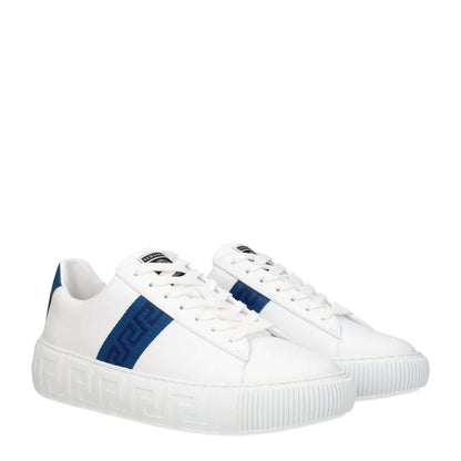 Versace White Leather Low Top Sneakers with dark teal side detail and front logo on rubber sole.