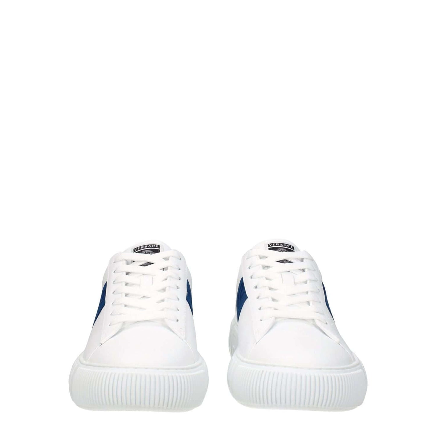Versace White Leather Low Top Sneakers with dark teal side detail, lace-up closure, and rubber sole.