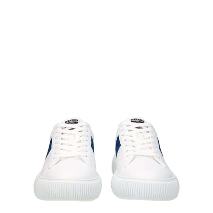 Versace White Leather Low Top Sneakers with dark teal side detail, lace-up closure, and rubber sole.