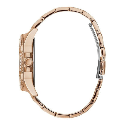 Side view of GUESS Mod. W1156L3 quartz analog lady's watch with silver 925° material and mineral dial, water resistant to 5 ATM.