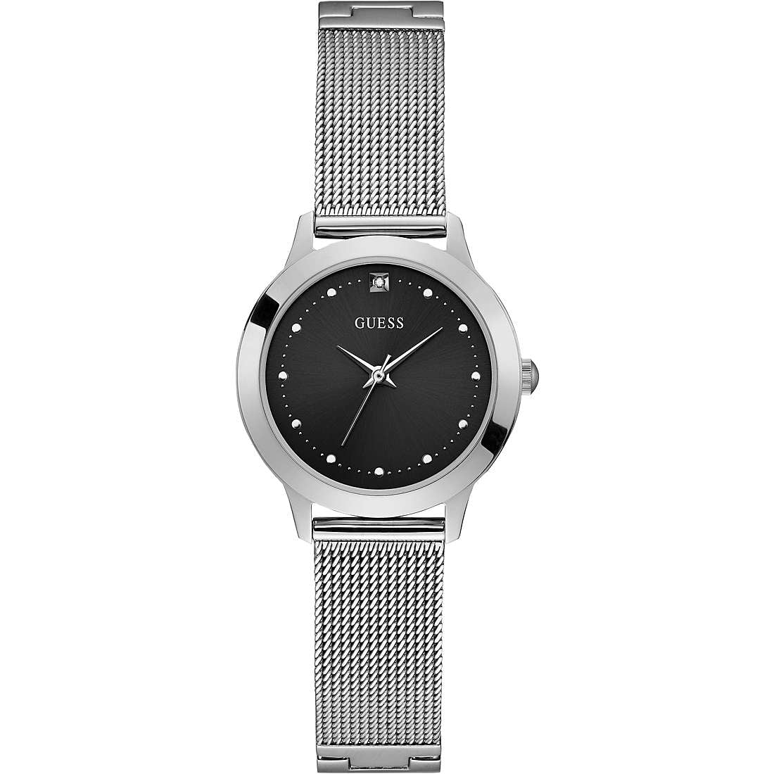 Stylish GUESS watch with black dial and silver mesh band, ideal for fashion-forward individuals. Elegant timepiece for any occasion.