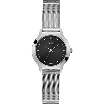 Stylish GUESS watch with black dial and silver mesh band, ideal for fashion-forward individuals. Elegant timepiece for any occasion.