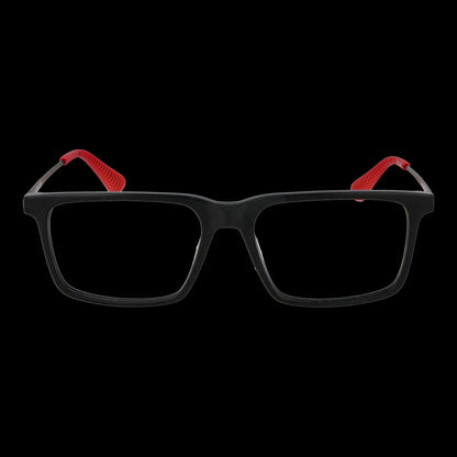 Alt Tag: WEB MOD. WE5420 55002 Gent eyeglasses with black frame and red accents.