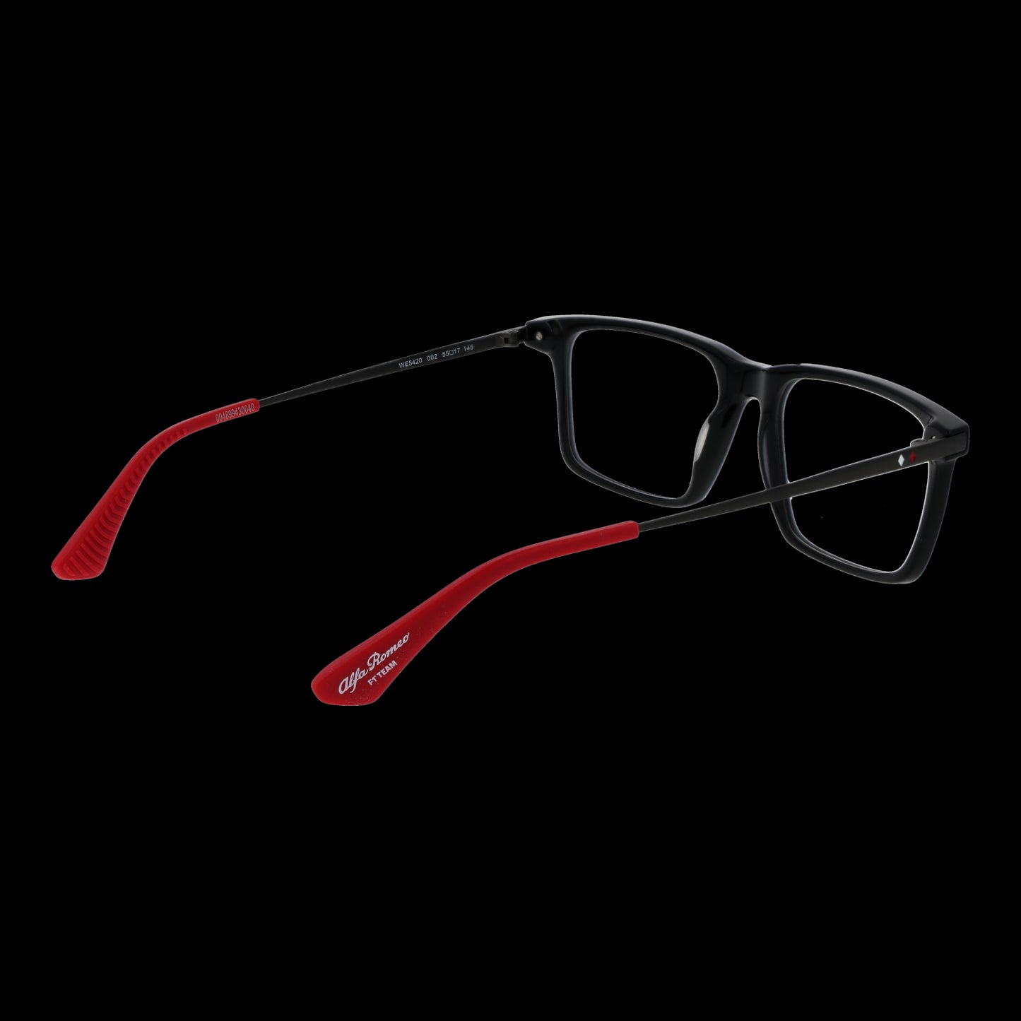 WEB MOD. WE5420 55002 gents eyewear with black frames and red temples on a black background.