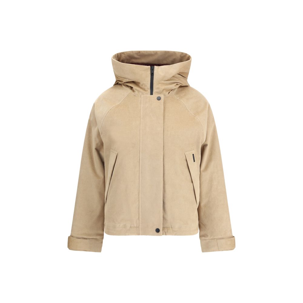 Woolrich Beige Cotton Clothing - Corduroy jacket with hood and zipper front closure, ideal for warmth and outdoor functionality.