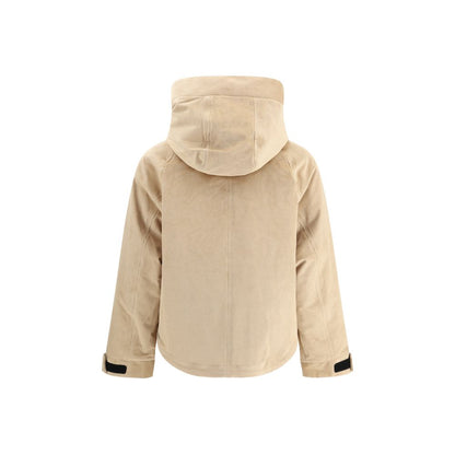 Alt Tag: Woolrich Beige Cotton Clothing - Back view of hooded corduroy jacket with quilted interior for warmth, perfect for outdoor activities.