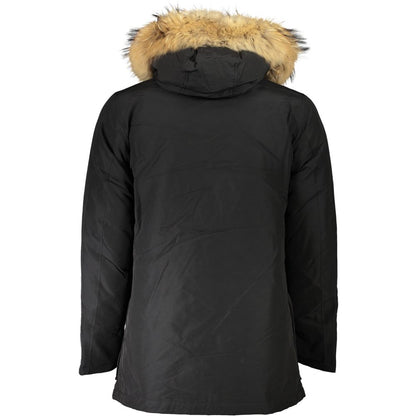 Woolrich Black Cotton Men Jacket with removable fur-trimmed hood, back view showcasing sleek design and winter-ready style.