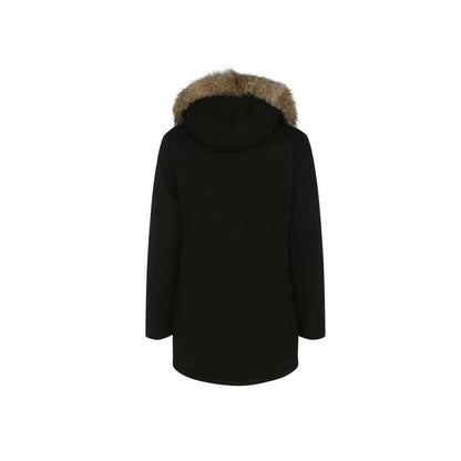 Woolrich Black Cotton Parka back view with fur hood detail, showing padded design and oversize fit for AW25 season.