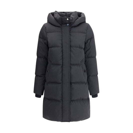 Woolrich Black Goose Down Coat featuring elastic cuffs, hood, front zipper, button closure, zippered side slits, and welt pockets.