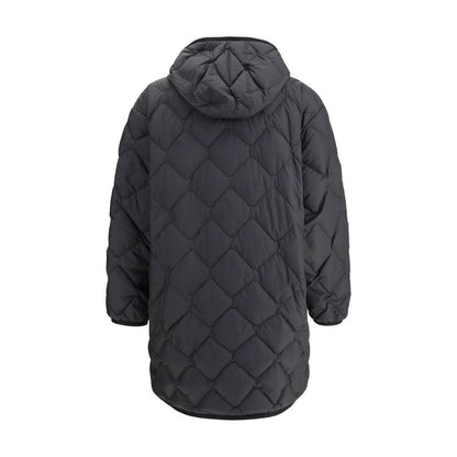 Back view of Woolrich Black Polyester Clothing Heritage Down Jacket with hood, knee-length, quilted design, and front snap closure.