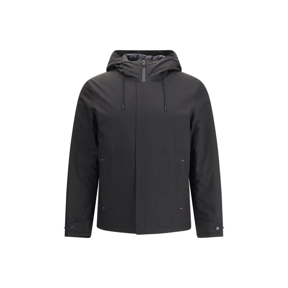 Woolrich Black Polyester Shell Jacket with adjustable hood and double-slider zipper, perfect for versatile weather conditions.