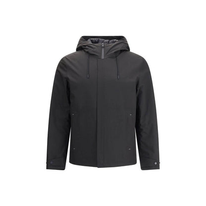 Woolrich Black Polyester Shell Jacket with adjustable hood and double-slider zipper, perfect for versatile weather conditions.