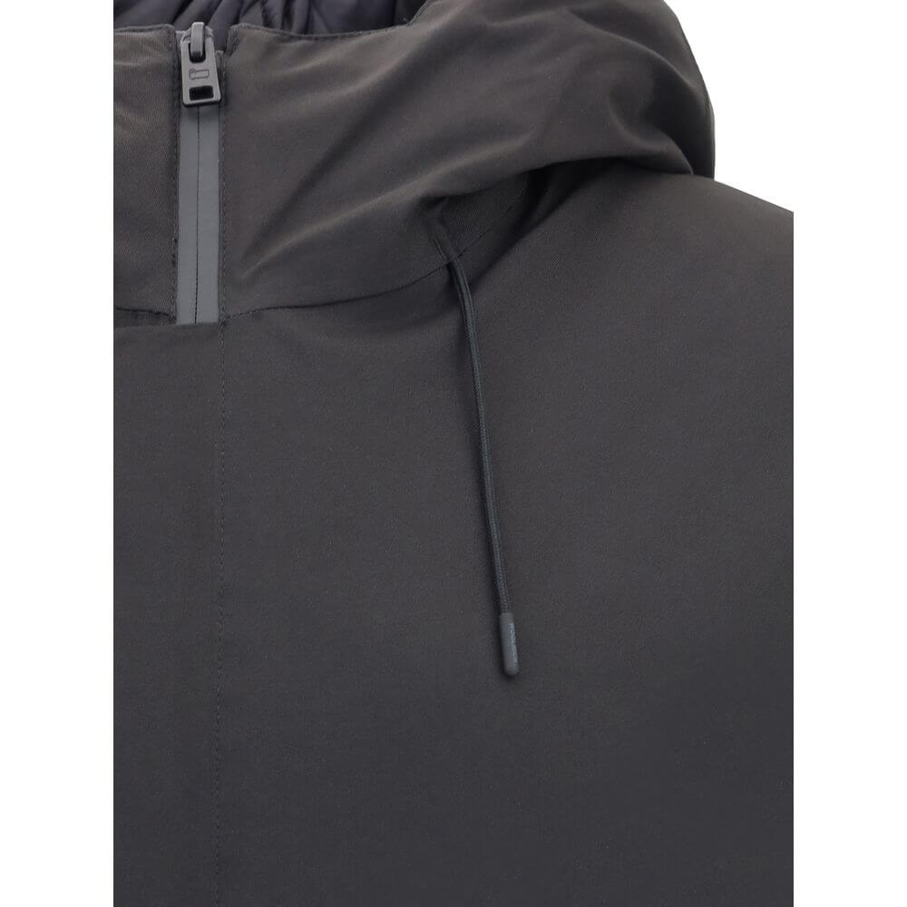 Close-up of Woolrich Black Polyester Shell Jacket showing hood and zipper detail.
