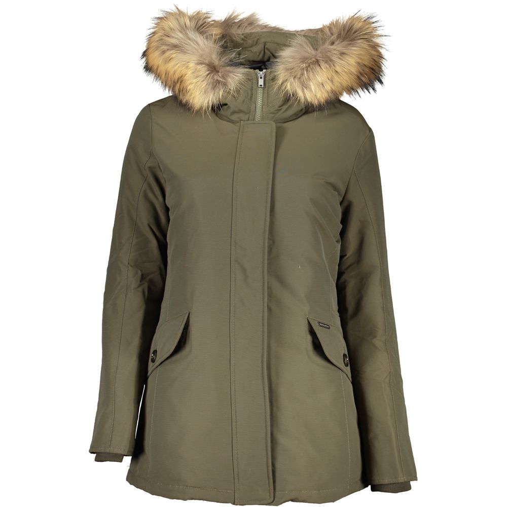 Woolrich Green Cotton Jackets & Coat with hood, removable fur, two pockets, zip and buttons, featuring logo