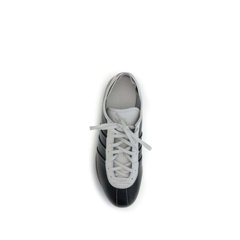 Y-3 Black Calf Leather Bos Taurus Low Top Sneakers top view with lace-up closure and striped detail